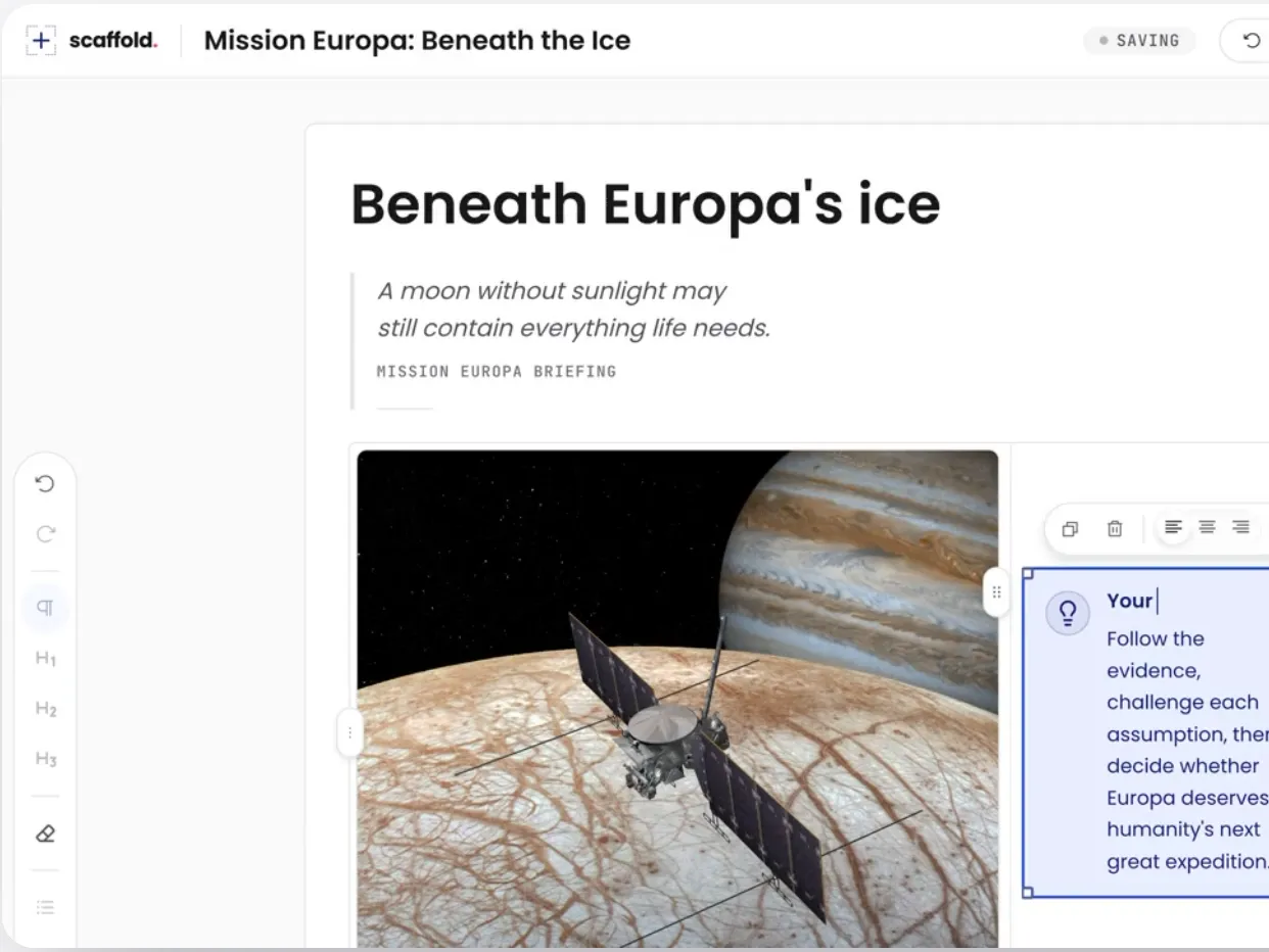 The Scaffold editor with a lesson called Beneath Europa’s ice open
